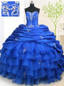 Most Popular Royal Blue Ball Gowns Organza and Taffeta Strapless Sleeveless Beading and Appliques and Ruffled Layers and
