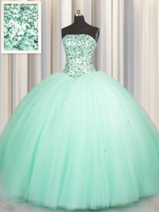 Dynamic Puffy Skirt Apple Green Tulle Lace Up Ball Gown Prom Dress Sleeveless Floor Length Beading and Sequins