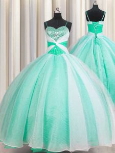 Spaghetti Straps Sleeveless Organza Floor Length Lace Up Quinceanera Gowns in Apple Green with Beading and Ruching