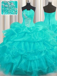 Graceful Aqua Blue Strapless Lace Up Beading and Ruffled Layers and Pick Ups Quinceanera Gowns Sleeveless