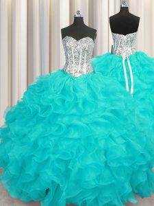 Extravagant Aqua Blue Quinceanera Dresses Military Ball and Sweet 16 and Quinceanera and For with Beading and Ruffles Sw