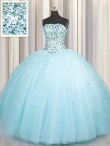 Really Puffy Aqua Blue Strapless Lace Up Beading and Sequins Sweet 16 Dress Sleeveless