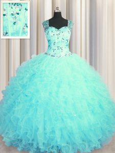 Best See Through Zipper Up Aqua Blue Quinceanera Gowns Military Ball and Sweet 16 and Quinceanera and For with Beading a