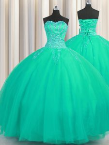 Ideal Really Puffy Turquoise Tulle Lace Up Sweetheart Sleeveless Floor Length Vestidos de Quinceanera Beading