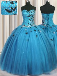 Customized Baby Blue Lace Up Sweet 16 Quinceanera Dress Beading and Appliques Sleeveless Floor Length