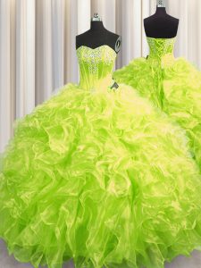 Discount Yellow Green Ball Gowns Organza Sweetheart Long Sleeves Beading and Ruffles Lace Up Vestidos de Quinceanera Bru