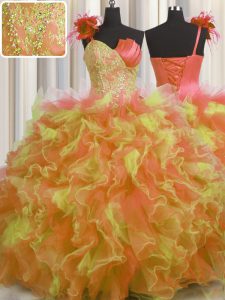 Handcrafted Flower Multi-color Lace Up One Shoulder Beading and Ruffles and Hand Made Flower Quinceanera Gowns Tulle Sle