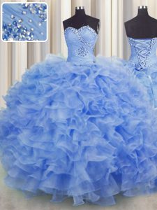 Superior Blue Sweetheart Neckline Beading and Ruffles Quince Ball Gowns Sleeveless Lace Up