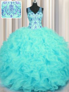 V Neck Sleeveless Beading and Appliques and Ruffles Zipper Quinceanera Dresses