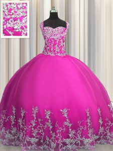 Fantastic Fuchsia Ball Gowns Tulle Straps Sleeveless Beading and Appliques Floor Length Lace Up Quinceanera Dresses
