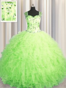 Perfect See Through Zipper Up Sleeveless Tulle Floor Length Zipper Ball Gown Prom Dress in Green with Beading and Ruffle