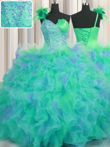 Handcrafted Flower Floor Length Multi-color Quinceanera Gown One Shoulder Sleeveless Lace Up