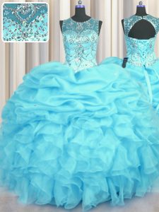 See Through Aqua Blue Ball Gowns Organza Scoop Sleeveless Beading and Ruffles and Pick Ups Floor Length Lace Up Quince B