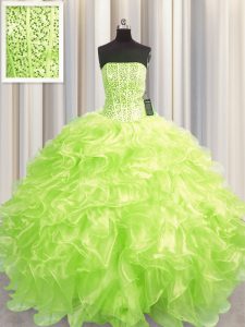 Beauteous Visible Boning Beading and Ruffles Sweet 16 Dress Yellow Green Lace Up Sleeveless Floor Length
