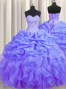 Sleeveless Organza Floor Length Lace Up Quinceanera Dress in Lavender with Beading and Ruffles and Pick Ups