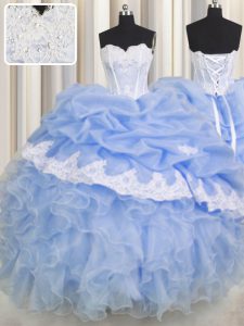 Ruffled Floor Length Light Blue Quince Ball Gowns Sweetheart Sleeveless Lace Up
