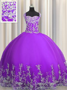 High End Ball Gowns Quinceanera Gowns Eggplant Purple Straps Tulle Sleeveless Floor Length Lace Up