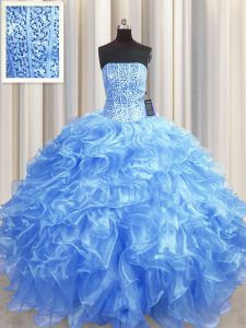 Elegant Visible Boning Floor Length Baby Blue Ball Gown Prom Dress Strapless Sleeveless Lace Up