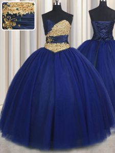 High Quality Tulle Sweetheart Sleeveless Lace Up Beading and Appliques Ball Gown Prom Dress in Navy Blue