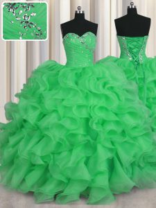 Modern Green Lace Up Sweetheart Beading and Ruffles Ball Gown Prom Dress Organza Sleeveless