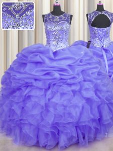 Colorful See Through Ball Gowns Quinceanera Gowns Lavender Scoop Organza Sleeveless Floor Length Lace Up