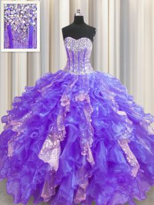 Visible Boning Sleeveless Organza and Sequined Floor Length Lace Up Quinceanera Dresses in Purple with Beading and Ruffl