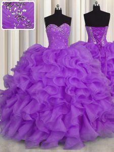 Superior Sweetheart Sleeveless Quinceanera Gown Floor Length Beading and Ruffles Purple Organza