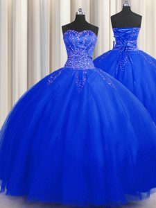 Stylish Puffy Skirt Beading 15 Quinceanera Dress Royal Blue Lace Up Sleeveless Floor Length