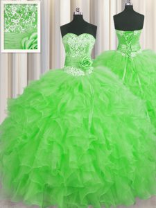 High Class Handcrafted Flower Green Ball Gown Prom Dress For with Beading and Ruffles and Hand Made Flower Sweetheart Sl