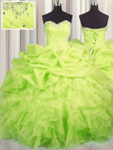 Latest Pick Ups Sweetheart Sleeveless Lace Up 15 Quinceanera Dress Yellow Green Organza