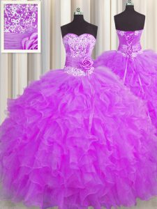 High End Handcrafted Flower Purple Ball Gowns Organza Sweetheart Sleeveless Beading and Ruffles and Hand Made Flower Flo