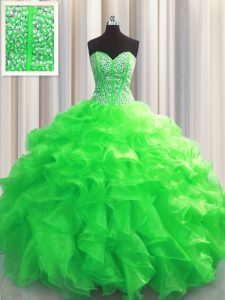 Visible Boning Green Sweetheart Neckline Beading and Ruffles 15 Quinceanera Dress Sleeveless Lace Up