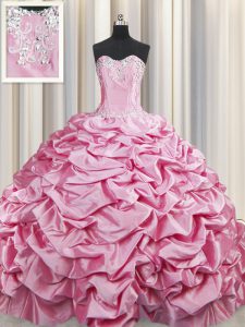 Wonderful Pick Ups Rose Pink Sleeveless Taffeta Brush Train Lace Up 15th Birthday Dress for Military Ball and Sweet 16 a