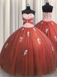 Rust Red Tulle Lace Up Quince Ball Gowns Sleeveless Floor Length Beading and Appliques