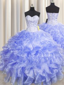 Visible Boning Zipper Up Lavender Sleeveless Beading and Ruffles Floor Length Sweet 16 Dresses
