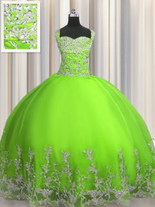 Flirting Ball Gowns Tulle Straps Sleeveless Beading and Appliques Floor Length Lace Up Quinceanera Dress