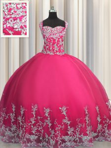 Pretty Floor Length Hot Pink Sweet 16 Dress Tulle Sleeveless Beading and Appliques