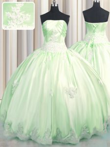Floor Length Green Quince Ball Gowns Taffeta Sleeveless Beading and Appliques
