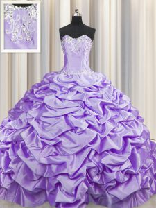 Glittering Brush Train Lavender Sleeveless Sweep Train Beading and Pick Ups With Train Ball Gown Prom Dress