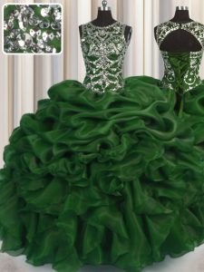 See Through Ball Gowns Vestidos de Quinceanera Dark Green Scoop Organza Sleeveless Floor Length Lace Up