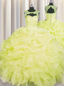 Best Scoop Sleeveless Floor Length Beading and Pick Ups Lace Up Quinceanera Gown with Yellow