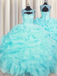 Dazzling Scoop Aqua Blue Sleeveless Floor Length Beading and Pick Ups Lace Up Ball Gown Prom Dress