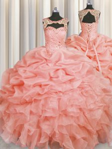 Scoop Baby Pink Ball Gowns Beading and Pick Ups Quinceanera Dresses Lace Up Organza Sleeveless Floor Length