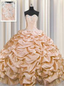 Shining Brush Train Peach Ball Gowns Beading and Pick Ups Quinceanera Dresses Lace Up Taffeta Sleeveless