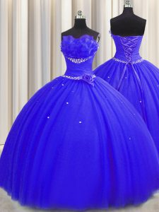 Handcrafted Flower Floor Length Royal Blue Ball Gown Prom Dress Strapless Sleeveless Lace Up