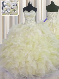 Fashionable Sweetheart Sleeveless Lace Up 15th Birthday Dress Light Yellow Organza
