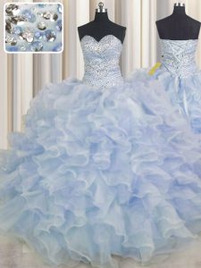 Sleeveless Floor Length Beading and Ruffles Lace Up Sweet 16 Dresses with Light Blue