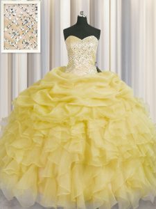 Popular Floor Length Lace Up Quinceanera Dress Light Yellow for Military Ball and Sweet 16 and Quinceanera with Beading 
