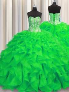 Classical Visible Boning Green Ball Gowns Sweetheart Sleeveless Organza Brush Train Lace Up Beading and Ruffles Vestidos