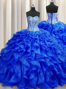 New Style Visible Boning Sweetheart Sleeveless Sweet 16 Quinceanera Dress Brush Train Beading and Ruffles Royal Blue Org